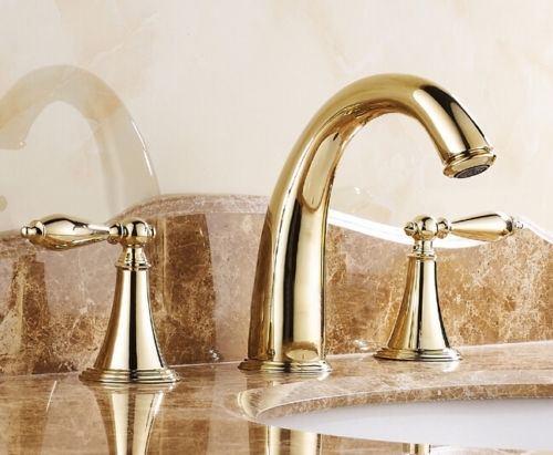 Gold Finish Widespread 3 Holes Sink Mixer Tap Double Knobs Bath Sink Faucet